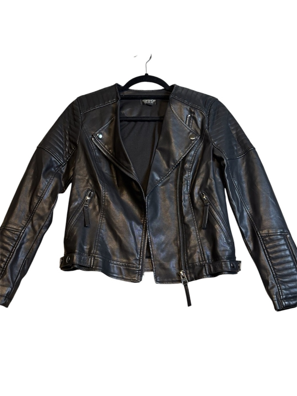Topshop Black Faux Leather Moto Biker Jacket Quilted Shoulder Women's Size 2